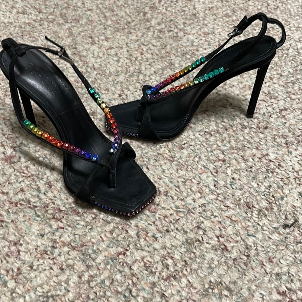SCHUTZ Black Heels with Rainbow Crystals